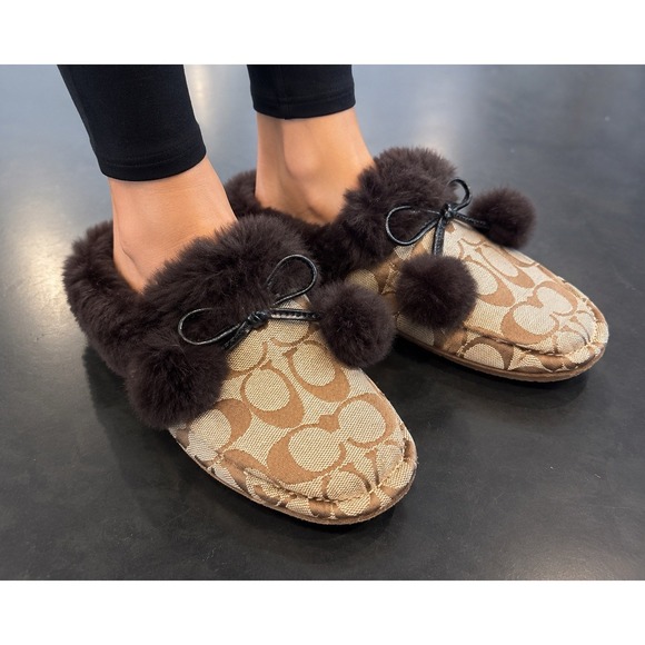 Coach Shoes - Coach Signature Fur Trim Mule Slippers Women's Brown Logo SlipOn House Shoes Sz5